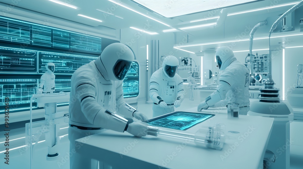 Poster astronauts in a futuristic laboratory working with a digital interface