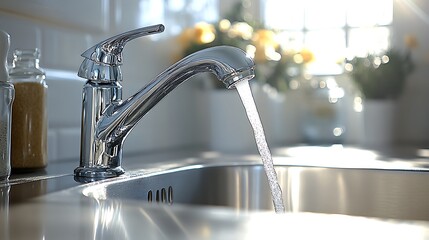 A kitchen faucet with a water-saving aerator, with water flowing gently into a stainless steel sink, surrounded by bright sunlight, symbolizing eco-friendly water conservation.
