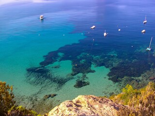 panorama of a cove with boats on the island of Ibiza. High quality photo