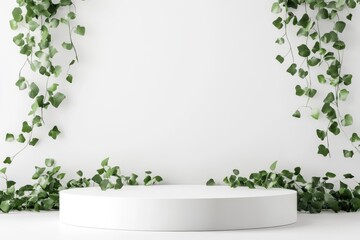 Displaying merchandise on a sturdy stand surrounded by green ivy on a light-colored backdrop