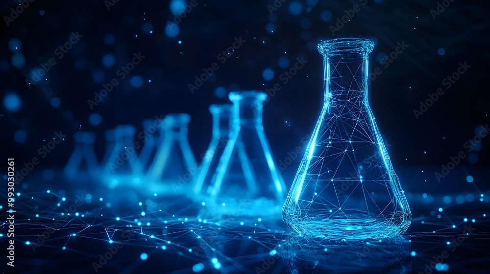 Poster a single illuminated beaker stands out against a background of blurred beakers and a glowing network