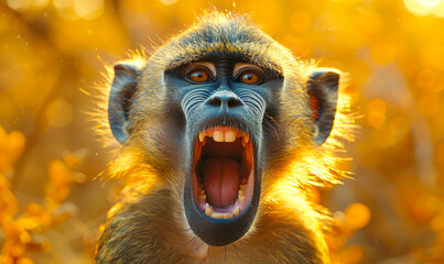 Fototapeta premium Closeup of Yawning Baboon in Vibrant Sunlit Background Depicting Wild Animal Behavior and Natural Habitat with Warm, Energetic Mood