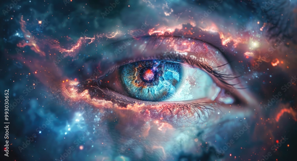 Wall mural surreal space. open eye in cosmic universe with nebula and abstract galaxy