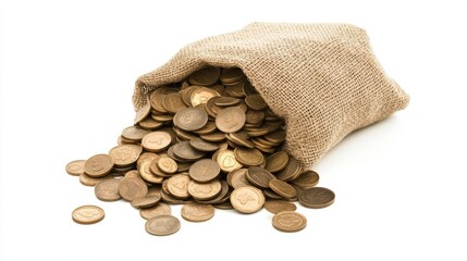 Burlap Sack Spilling Euro Coins on White Background