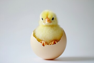 Little yellow chicks just hatched from an egg and sitting in the shell on a white background
