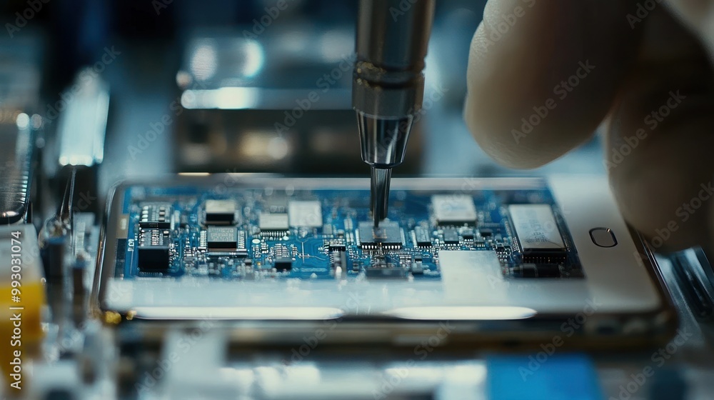 Aufkleber close-up of a technician assembling a circuit board with precision tools.