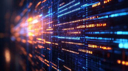 Obraz premium Digital data stream with glowing binary code in blue and orange colors, creating a sense of fast-paced technology. Concept: Data transmission and coding.