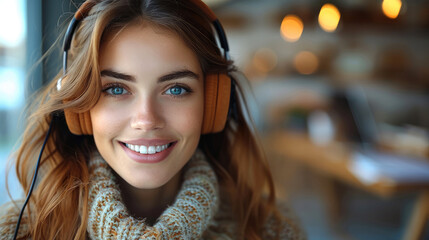 Obraz premium A beautiful smiling woman, she has headphones on, in the background a room and a desk with notes. Generative AI.