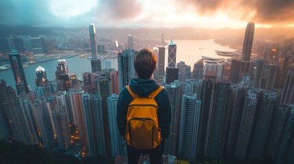 A lone figure gazes at the cityscape of Hong Kong, the vibrant colors of the sunset fading into the night, city lights twinkling below. ,Hong Kong, cityscape