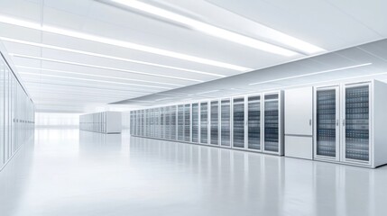 Obraz premium A modern data center with rows of server racks in a sleek, minimalistic environment.