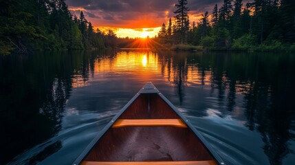 Canoe Glide Through Sunset on Still Lake, water, nature