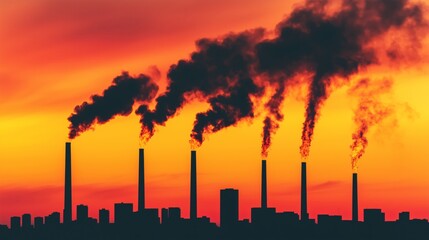 Industrial Pollution Smoke Stacks Sunset Sky Factory