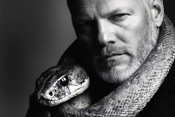 This photograph captures a rugged man in a black and white portrayal with a large snake wrapped around his neck, creating a powerful image of strength and mystery.
