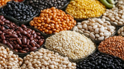 Naklejka premium Colorful Beans and Grains in Bowls, legumes, pulses