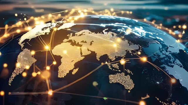 Global network connection across continents, digital communication infrastructure, worldwide technology, and data exchange.