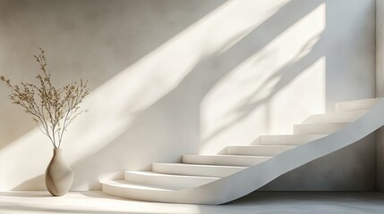 Minimalist Interior with White Staircase and Dried Flower Arrangement