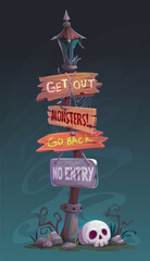 Halloween sign board with wooden arrows and scary skull, vector horror holiday banner. Cartoon vintage light pole with old wood sign boards, cobweb and broken lantern, spooky skeleton skull and fog