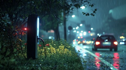 Electric Car Charging Station in the Rain, Nighttime, Bokeh, Cityscape, Rain ,Night