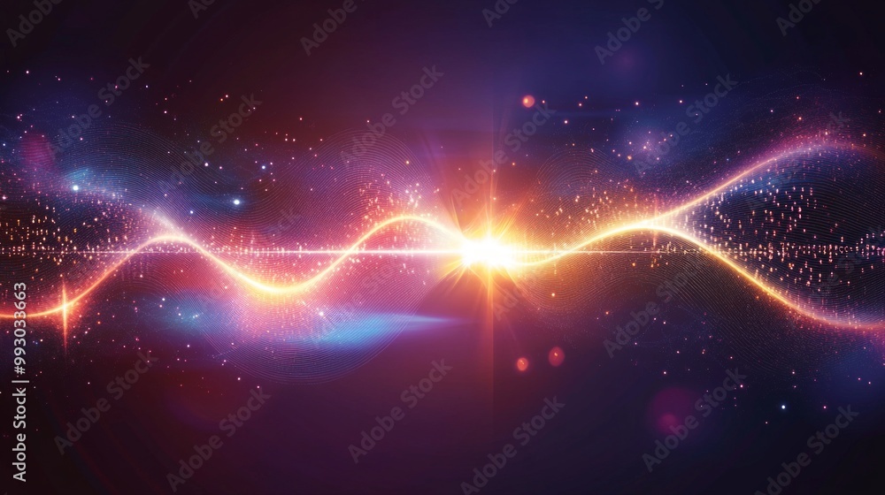 Poster artistic visualization of quantum teleportation showcasing glowing particles and binary code transfe
