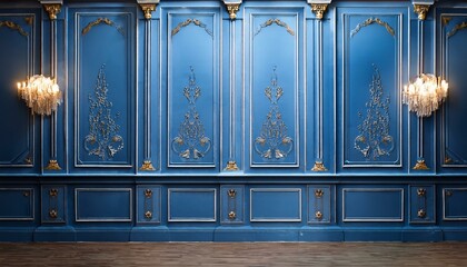 Wall panels. Classic interior wooden wall. Modern luxury blue decor.
