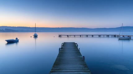 Obraz premium A serene lakeside view at dawn with boats and a wooden pier.