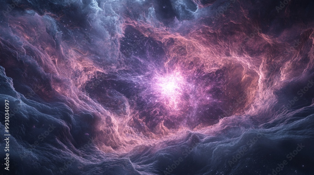 Poster glowing translucent particle cloud representing antimatter and positronium in a dark cosmic environm