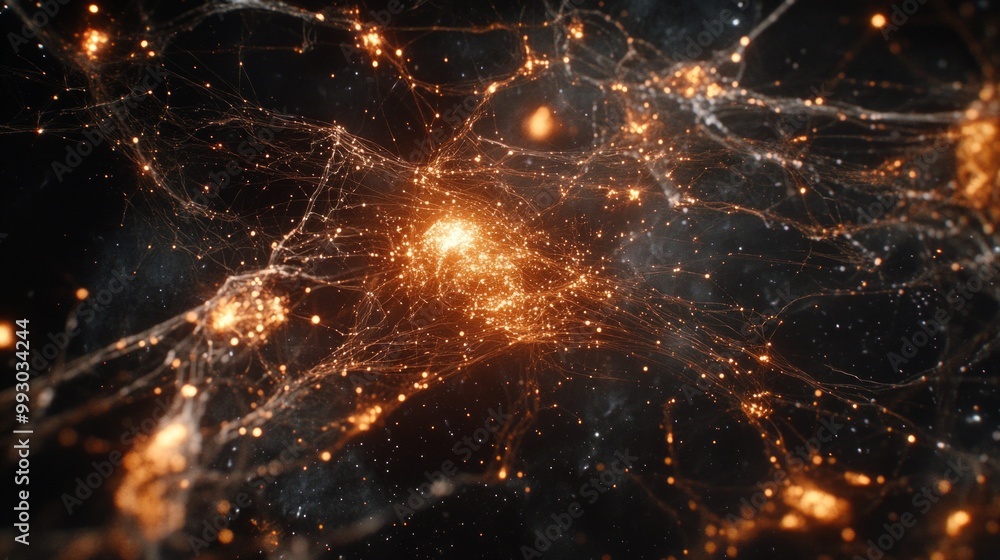 Poster visualizing dark matter detection with data overlays in a cosmic setting filled with stars and galax