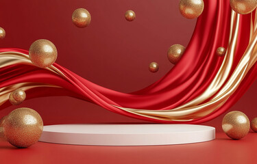 abstract background featuring smooth podium surrounded by flowing red and gold fabric, with shimmering spheres adding touch of elegance and excitement