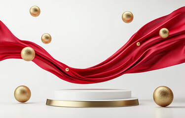 stunning 3D render featuring white podium surrounded by floating golden spheres and flowing red fabric. This elegant composition creates sense of luxury and celebration