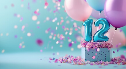 12th birthday cake with festive blue purple and pink balloons colorful confetti and pastel tones on a soft airy light background  Whimsical and joyful composition for a special milestone event