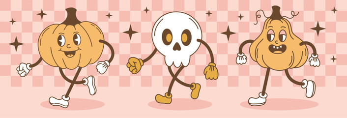 Halloween set of groovy elements.Cute scary characters in a retro cartoon style. Vector illustration