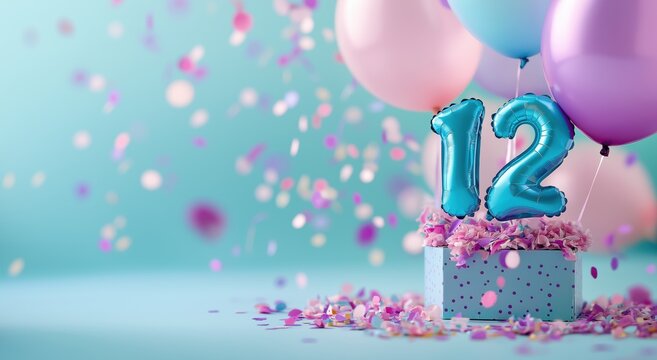 12th birthday cake with festive blue purple and pink balloons colorful confetti and pastel tones on a soft airy light background  Whimsical and joyful composition for a special milestone event