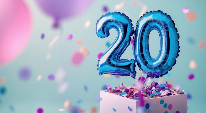 Celebrating a special 20th birthday or anniversary milestone with blue number balloons colorful confetti and a decorated cake on a festive background