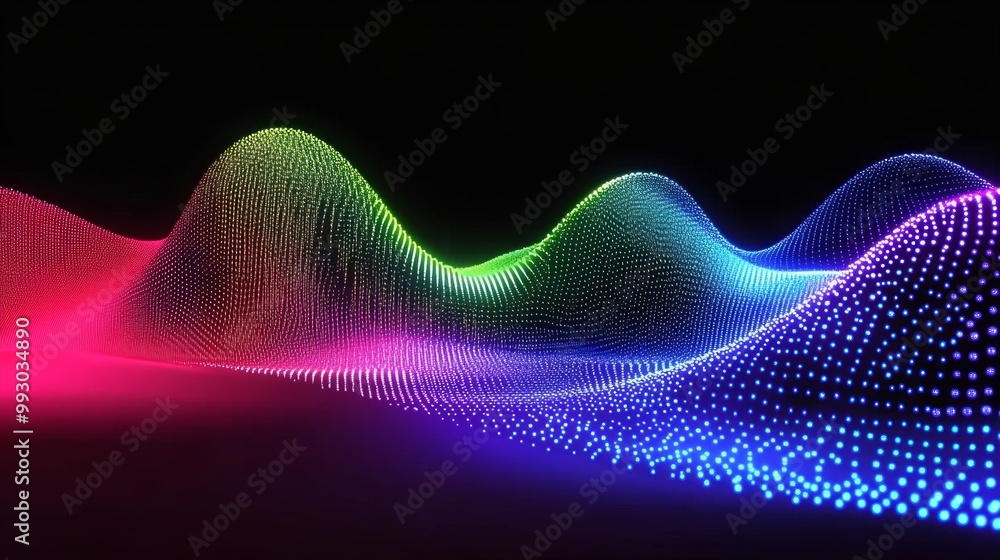 Poster Colorful quantum waves display dynamic patterns with glowing lights in a dark environment