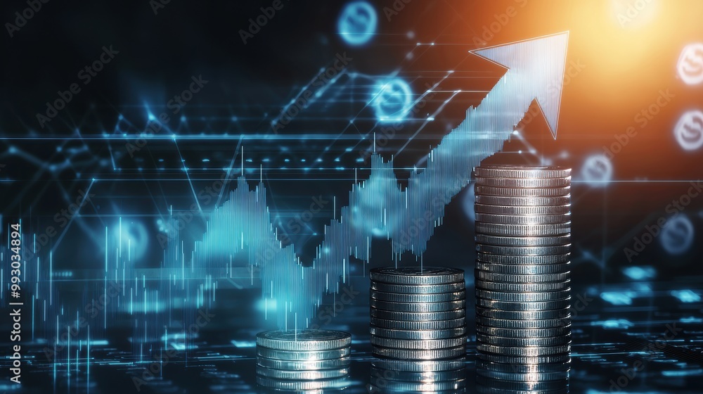 Poster rising profits in ecommerce with coins visual representation