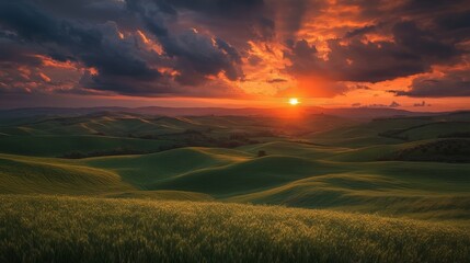 Fototapeta premium Rolling Hills at Sunset, Golden Hour, Tuscany Landscape, landscape, sunset