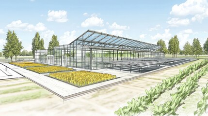 Obraz premium Technical drawing of a large-scale solar cooking facility, designed for community kitchens in sun-rich regions
