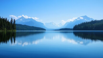 Serene Mountain Lake Reflection, Blue Sky, Peaceful Landscape, Glacier National Park, Nature ,reflection
