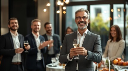 Smiling Man in Suit Holding Wine Glass at Party, Business, Celebration , social event