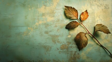 A Single Branch with Autumn Leaves on a Textured Green Background