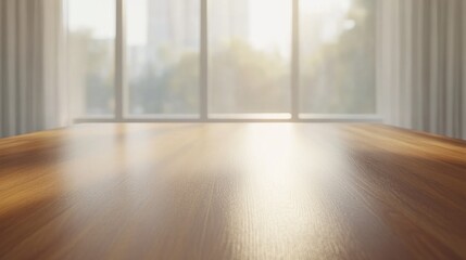 Fototapeta premium A wooden table surface with soft lighting and a blurred outdoor view through large windows.