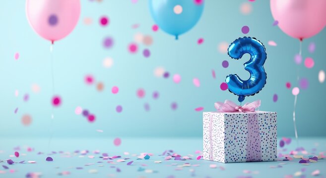 Elegant blue and pink birthday party with number 3 balloon and gift box on a pastel colored background  other special occasion concept with copy space
