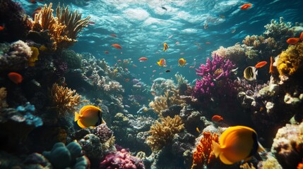Fototapeta premium Vibrant Coral Reef with Fish Swimming in a Sunlit Ocean, Underwater Life, Coral Reefs
