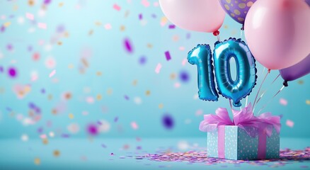 Festive 10th Birthday with Colorful Balloons Candles and Gift Box on a Colorful Pastel Background Depicting a Joyful Milestone Occasion
