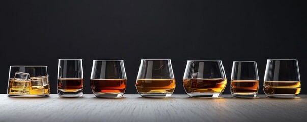 Whiskey Tasting Seven Glasses of Amber Delight on Dark Background, whiskey, tasting