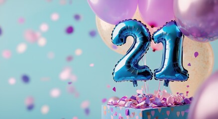 Festive 21st Birthday Party with Vibrant Blue Pink and Purple Balloons Shiny Confetti and Decorative Gift Boxes  Cheerful and Elegant Luxury Event Decor for a Special Adult Milestone Occasion
