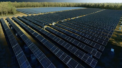 Technical drawing of a large-scale solar farm, including panel arrangements and energy storage solutions