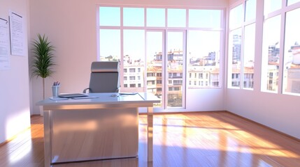 A modern office space with a desk and large windows, showcasing a city view.
