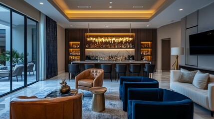 Modern Home Bar with Lounge Seating and Glass Doors