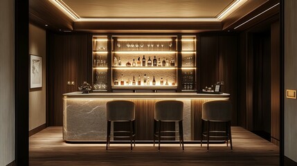 Modern Home Bar with Marble Countertop and Wooden Stools